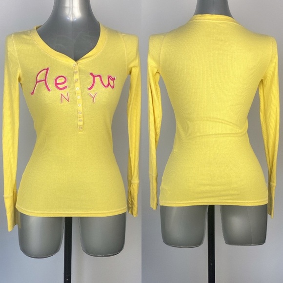 3/$15 Aerie yellow casual basic ribbed v neck long sleeve size medium - Picture 1 of 10